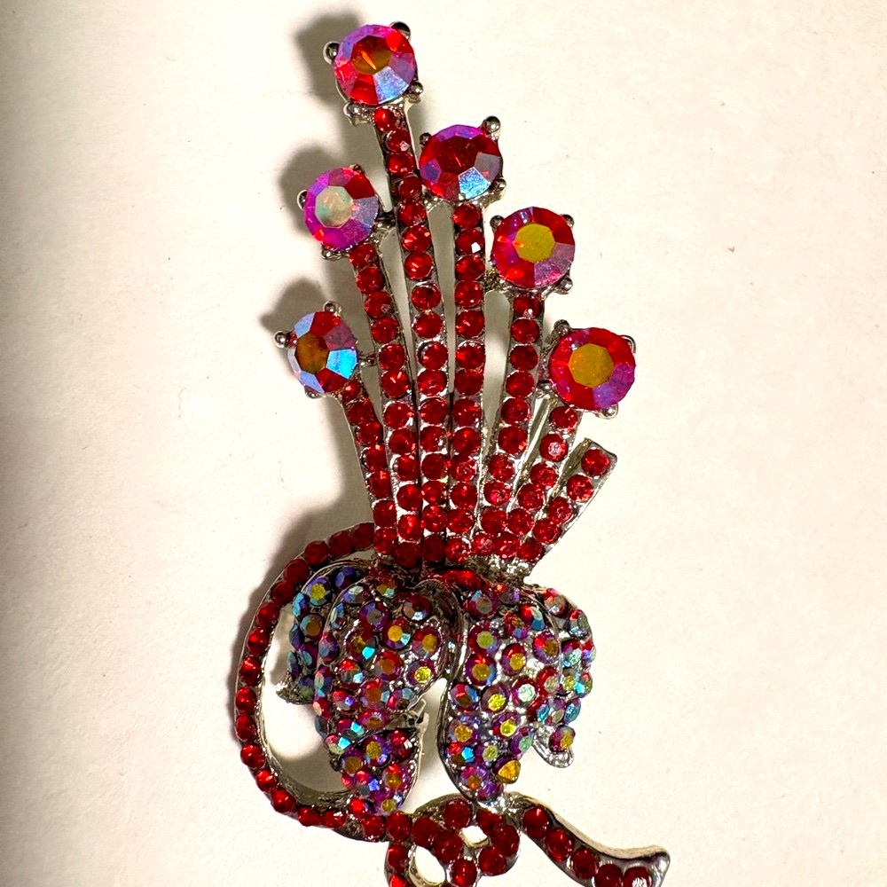 Dazzling vintage AB Australian Red and Silver tone Crystal Brooch